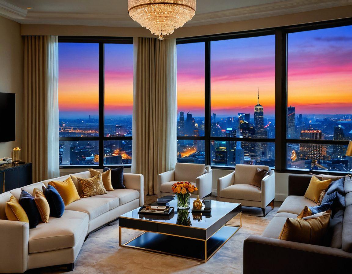 A lavish living room featuring a state-of-the-art high-end television displaying vibrant colors, surrounded by plush designer furniture and stylish decor. Golden accents and soft ambient lighting create an aura of sophistication. A large window showcases a stunning city skyline at dusk, enhancing the luxury feel. Showcase elements like gourmet snacks and elegant cocktail glasses on a glass coffee table. super-realistic. vibrant colors. opulent style.