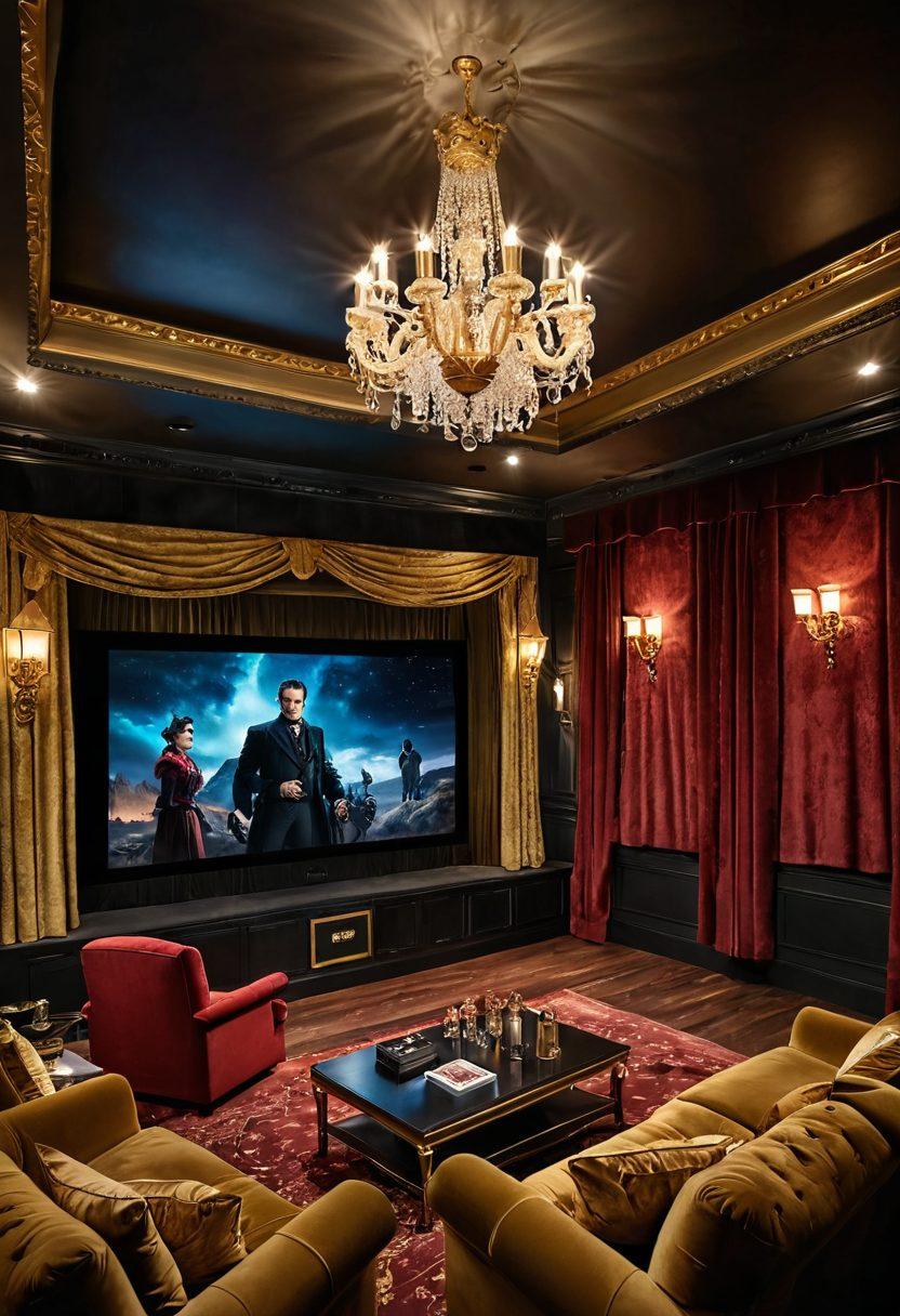A grand home theater setup with plush velvet seating, golden accents, and a massive screen displaying an exciting movie scene. Surrounding the room are opulent decor items like crystal chandeliers and framed vintage movie posters. Soft ambient lighting creates a cozy yet luxurious atmosphere, inviting viewers to indulge in the ultimate cinematic experience. super-realistic. vibrant colors. cozy ambiance.