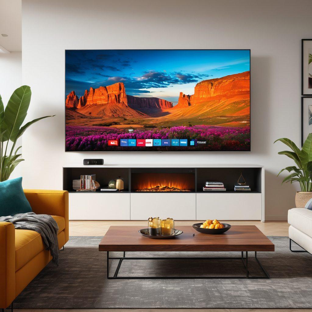 A captivating modern living room scene featuring a sleek smart TV displaying vibrant streaming media content. Include comfortable furniture and soft lighting to create a cozy ambiance, with popcorn and soft drinks on a coffee table. Show diverse individuals enjoying the content, highlighting community and sharing experiences. Artfully blend in digital elements like play buttons or streaming logos in the background. super-realistic. vibrant colors. cozy atmosphere.